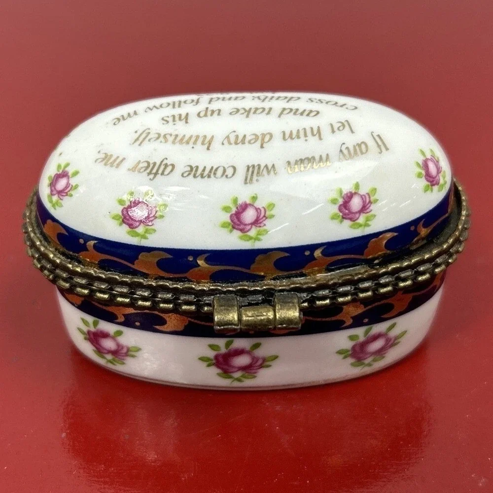 Imperial‎ Porcelain Trinket Box Luke 9:23 Religious Hinged Bible Verse Gold